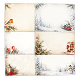 Six rectangular Christmas-themed paper designs arranged in a 2x3 grid, featuring a robin, a train in a snowy landscape, candles, a decorated tree, Santa Claus, a lantern, and a snowman on a light cream background.