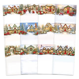 A 12-pack of Christmas-themed notepads with a winter village illustration pattern, displayed on a clean white background.