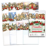 A package of craft paper sheets featuring winter garden scenes with snowy houses, Christmas trees, red holiday garlands, and red flowers. The package reads 'Kraft Paper' and 'Pinsetta Garden Scene Stash', with several sample sheets fanned out beside the box.