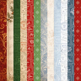 A vertical striped patterned fabric or wallpaper design featuring vintage holiday stamps, snowflakes, floral motifs, and ornate gold scrollwork in red, green, cream, light blue, and navy tones.