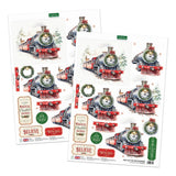 Two sheets of Christmas die-cut stickers featuring vintage steam locomotives, wreaths, and festive labels on a white background.