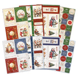 A set of Christmas-themed sticker sheets and cards featuring vintage illustrations of Santa Claus, reindeer, trains, ornaments, and holiday phrases in red, green, blue, and cream colors.