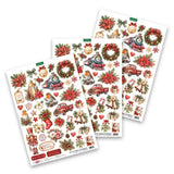 Three sheets of Christmas-themed decoupage paper featuring vintage illustrations of Santa Claus, a steam locomotive, wreaths, poinsettias, candy canes, gifts, and ornaments, arranged on a white background.