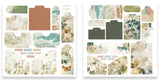 Two sheets of decorative paper cutouts or craft templates with vintage-style floral, botanical, and textured patterns in muted teal, beige, brown, and cream tones, shown on a white background.