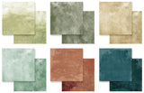 Six textured square swatches arranged in a 2x3 grid on a white background, showing color and material options in light green, olive green, beige, mint green, terracotta, and dark teal.