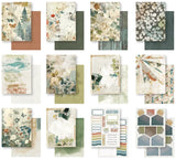 A 12-piece set of scrapbooking paper sheets and sticker sheets arranged in a grid. The designs feature various rustic, vintage, and nature-inspired patterns including watercolor florals, butterflies, leaves, honeycomb textures, and motivational quote stickers.