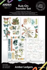 A product packaging card for the Arden Creative Studio 'Rub-On Transfer Set' by Kathie Pertiet Designs, featuring four watercolor transfer sheet designs with butterflies, leaves, and typography on a white background with black borders.