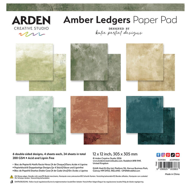 Arden Creative Studio Amber Ledgers Paper Pad cover showing eight textured paper sample squares in beige, cream, rust, and teal tones on a white background with product details and branding.