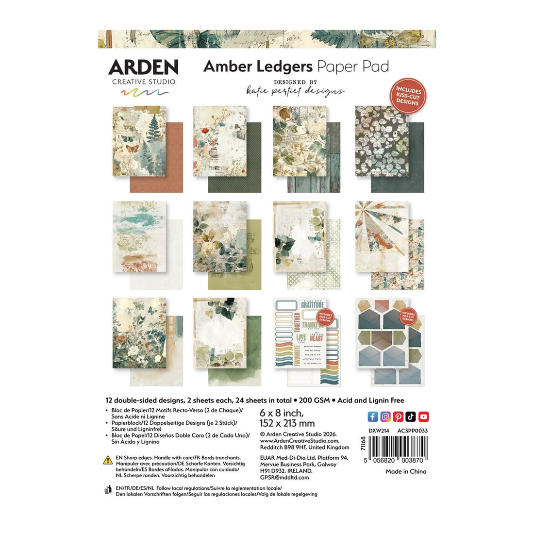 Back cover of an Arden Creative Studio Amber Ledgers Paper Pad, showing the product title, a grid of sample paper designs, dimensions, and branding on a white background.