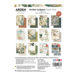 Back cover of an Arden Creative Studio Amber Ledgers Paper Pad, showing the product title, a grid of sample paper designs, dimensions, and branding on a white background.