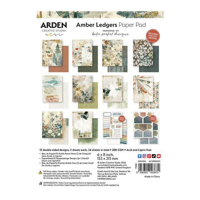 Back cover of an Arden Creative Studio Amber Ledgers Paper Pad, showing the product title, a grid of sample paper designs, dimensions, and branding on a white background.