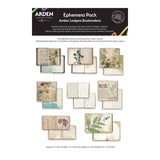 A product information card for the Arden Paper Collection Ephemera Pack Amber Ledgers Bookmakers, showing multiple sample pages of vintage-style book and journal designs in a grid on a white background with a black header.