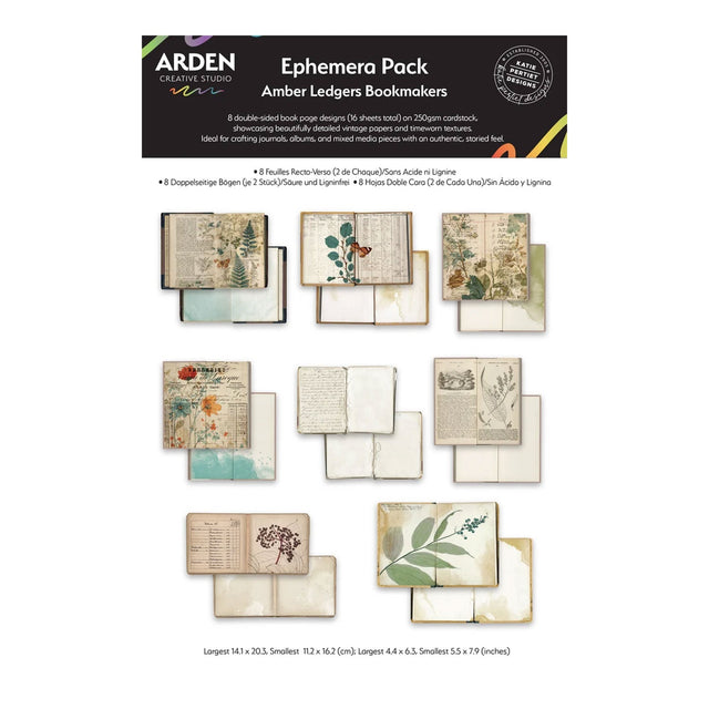 A product information card for the Arden Paper Collection Ephemera Pack Amber Ledgers Bookmakers, showing multiple sample pages of vintage-style book and journal designs in a grid on a white background with a black header.