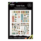 Arden Creative Studio Laser Cuts sheet of amber ledgers and autumn-themed cutouts, featuring vintage labels, pumpkins, leaves, and text elements on a black backing card.