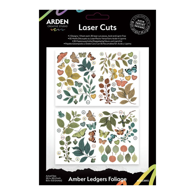 Arden Creative Design 'Laser Cuts' sheet of amber-ledger foliage decals, featuring illustrated leaves, acorns, and butterflies in earthy autumn colors on a white backing card.