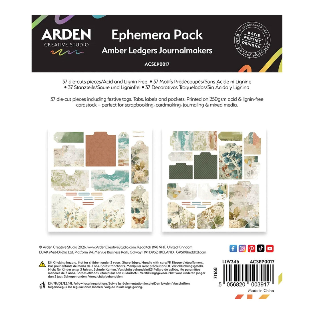 Back cover of the Arden Creative Studio Ephemera Pack Amber Ledgers Journalmakers (ACEP007), showing the product contents, descriptions, brand logos, and a barcode on a white background.