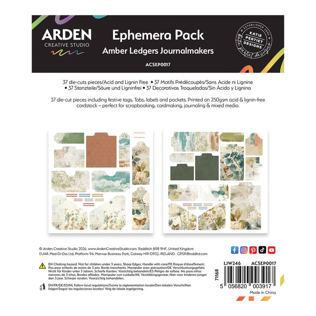 Back cover of the Arden Creative Studio Ephemera Pack Amber Ledgers Journalmakers (ACEP007), showing the product contents, descriptions, brand logos, and a barcode on a white background.