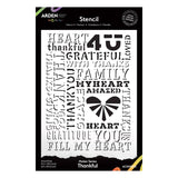 Arden Creative Design 'Thankful' stencils in the Maker Series, featuring a black metal stencil with various typography designs on a white backing sheet.