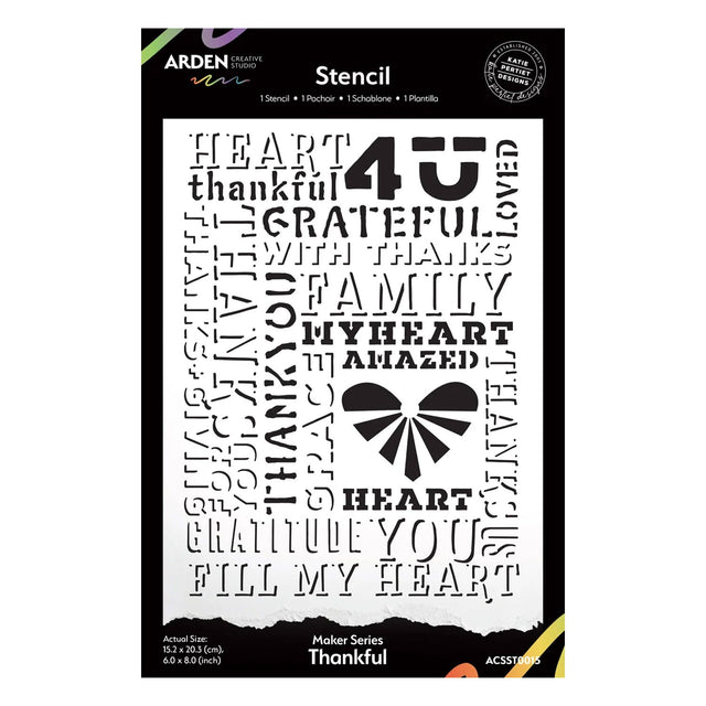 Arden Creative Design 'Thankful' stencils in the Maker Series, featuring a black metal stencil with various typography designs on a white backing sheet.