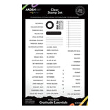 A product shot of a stamp set card from Arden Studio, featuring 'Clear Gratitude Essentials' with various printed words, phrases, and checkboxes on a black and white card.