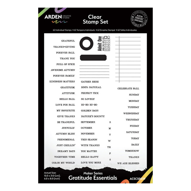 A product shot of a stamp set card from Arden Studio, featuring 'Clear Gratitude Essentials' with various printed words, phrases, and checkboxes on a black and white card.