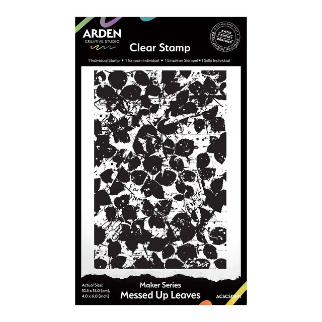 Arden Creative Studio Clear Stamp from the Maker Series, featuring a black and white leaf-messing template design on its retail packaging.