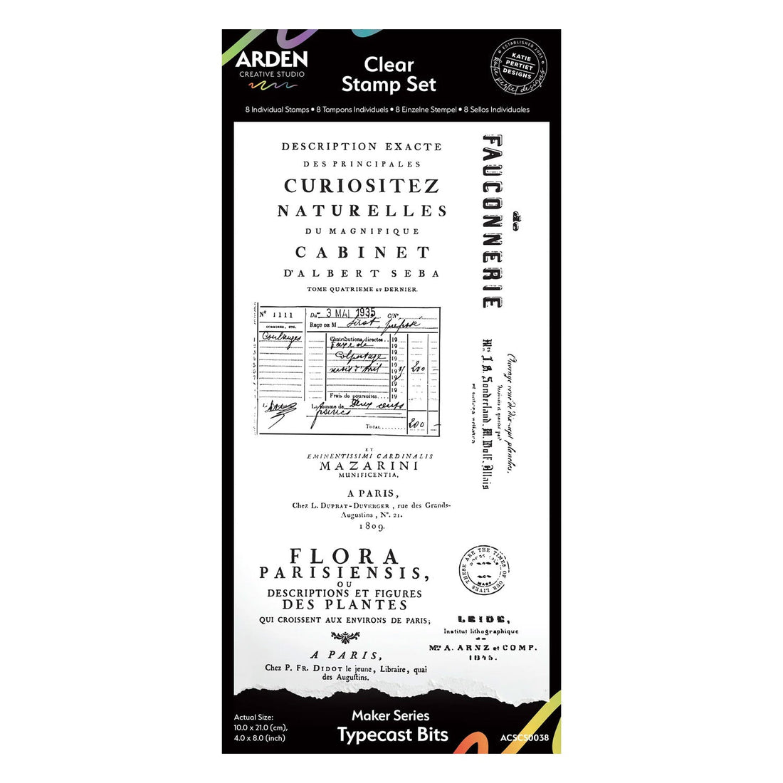 Arden Clear Stamp Set packaging featuring a vintage French engraving titled 'Cabinet Dalbert Séra' with handwritten notes and a sketch, labeled as a Typecast Bits Maker Series product.