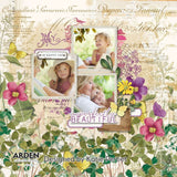 Design with floral elements, text, and family photos on a decorative background.