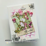 Greeting card with floral design and 'thanks' text on a light gray background, featuring the brand 'Arden Creative Studio'.