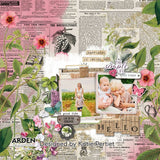 Collage with flowers, text, and family photos on a patterned background