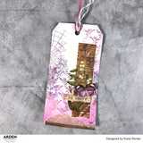 Decorative tag with artistic design on a textured gray background