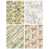 Four different paper designs with floral, striped, and text patterns on a white background.