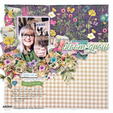 Scrapbook page with floral design, text, and a photo of a woman holding a glass.