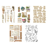 Collection of decorative elements including text blocks, illustrations, and nature-themed designs on a white background.