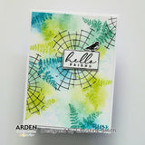 Greeting card with watercolor design and 'hello friend' text on a white background