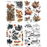 Four decorative paper sheets featuring autumn and spooky designs, including pumpkins, butterflies, leaves, spiderwebs, text phrases like 'Sweet Spooky' and 'Fright Night,' plus color chips and black ink splatter elements on a white background.