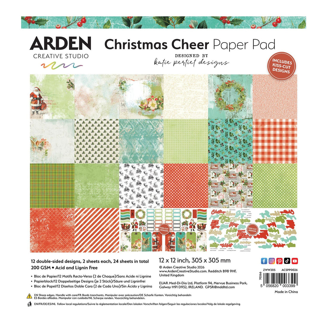 Christmas Cheer Paper Pad by Arden Creative Studio with various festive patterns on a white background.