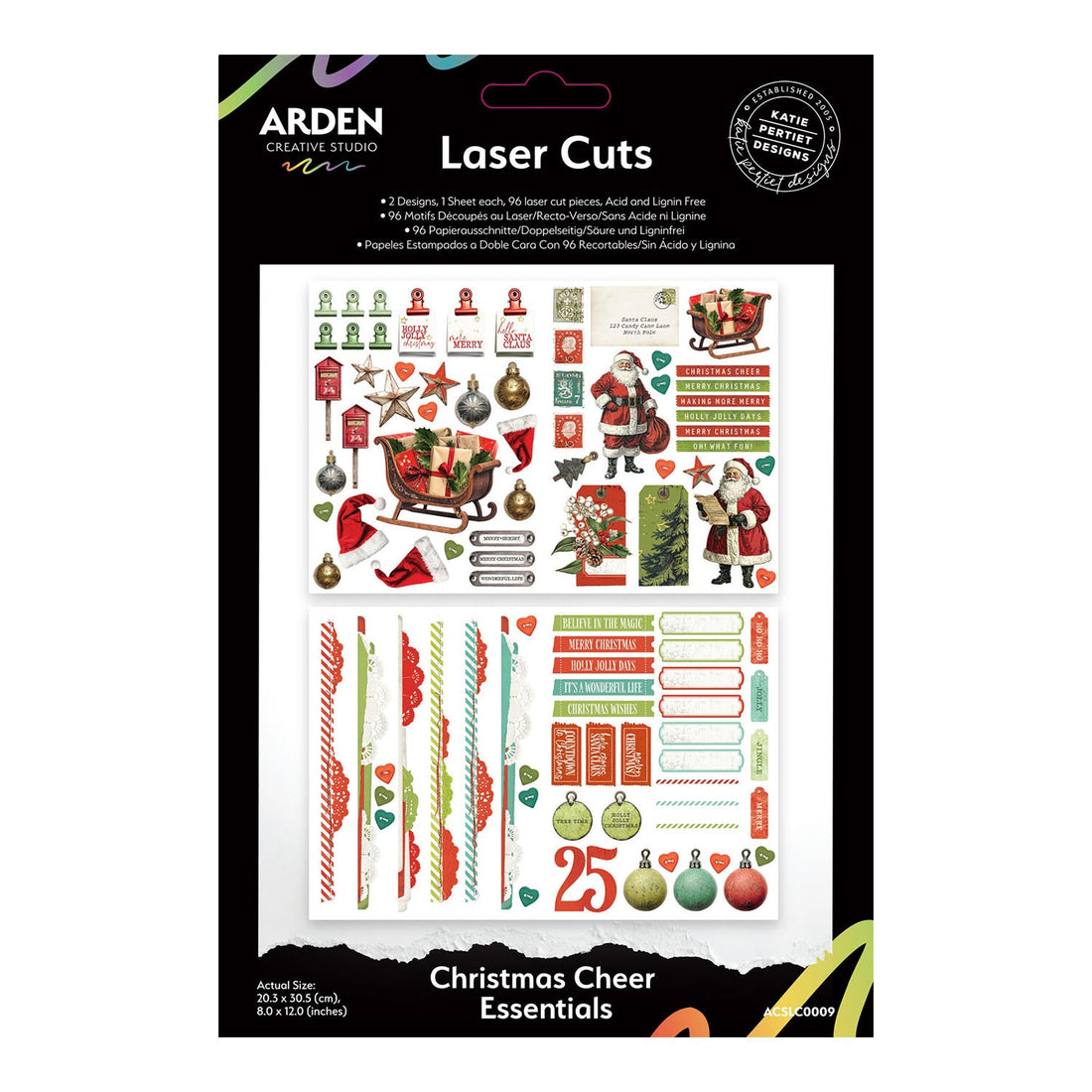 Packaging of Arden Creative Studio Christmas Cheer Essentials laser cut stickers with Santa Claus, ornaments, and other festive designs.