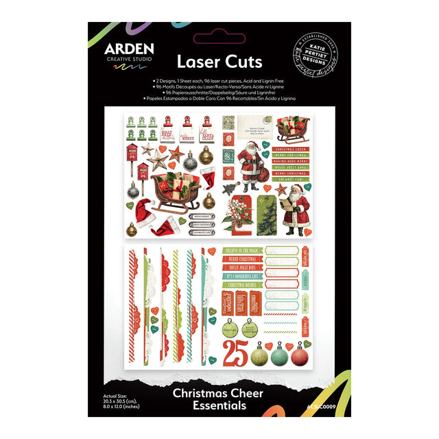 Packaging of Arden Creative Studio Christmas Cheer Essentials laser cut stickers with Santa Claus, ornaments, and other festive designs.