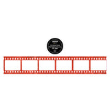 Red film reel with a black label on a white background