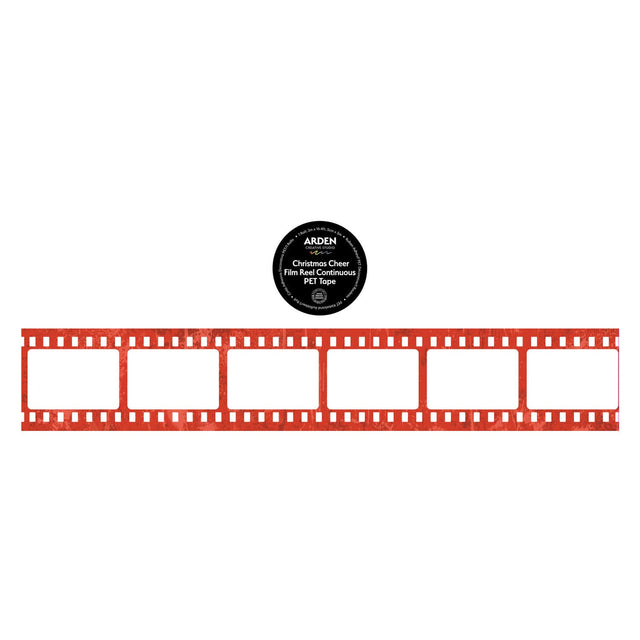 Red film reel with a black label on a white background