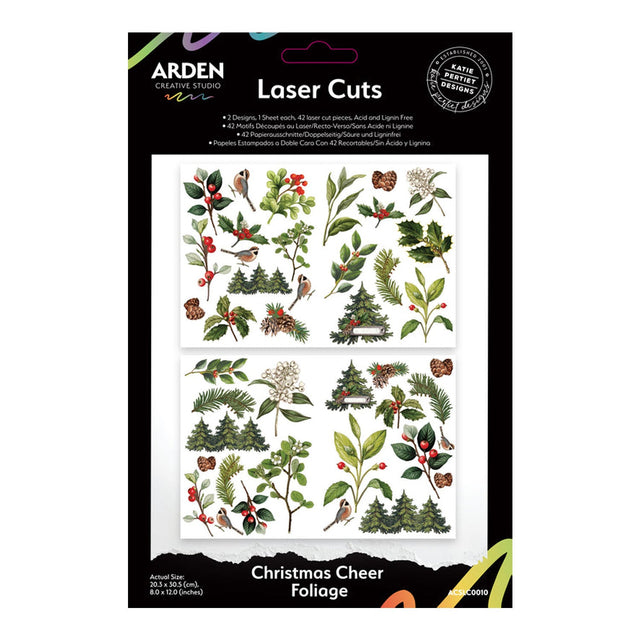 Packaging of Arden Creative Studio Christmas Cheer Foliage laser cuts with illustrations on a white background.