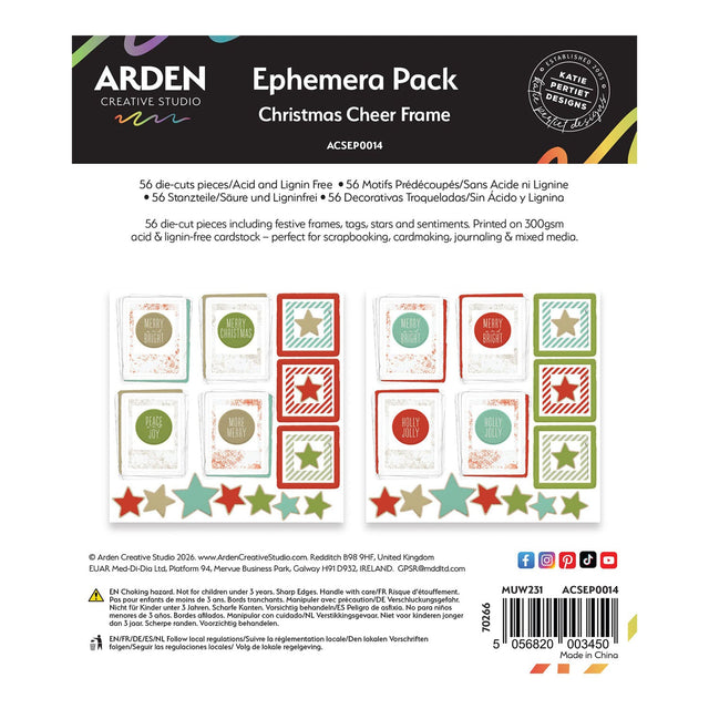 Arden Creative Studio Ephemera Pack Christmas Cheer Frame packaging with product details.