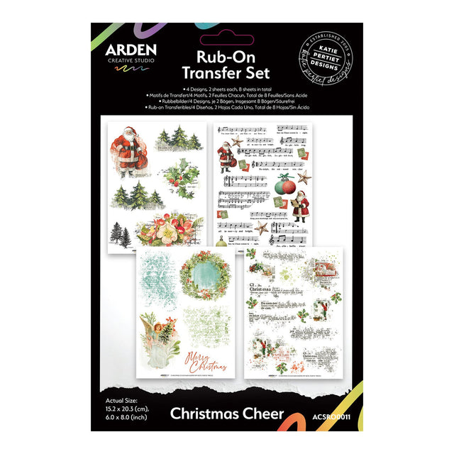 Rub-on transfer set packaging with Christmas-themed designs on a white background