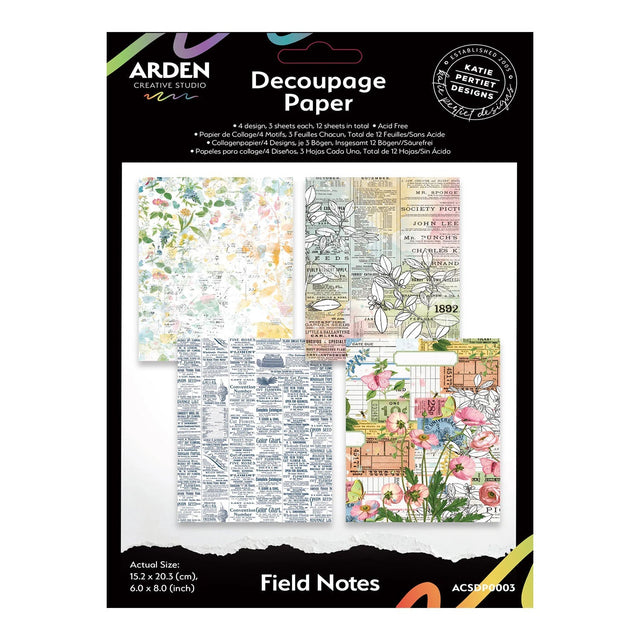 Decoupage paper set by Arden Creative Studio with floral and text designs on a white background.