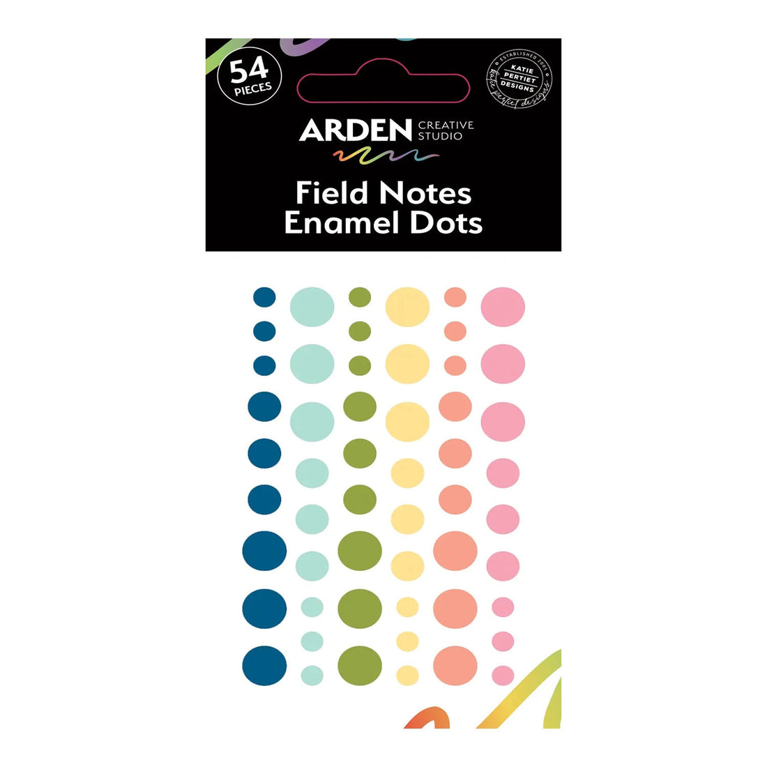 Pack of Arden Creative Studio Field Notes Enamel Dots with colorful dots on a white background