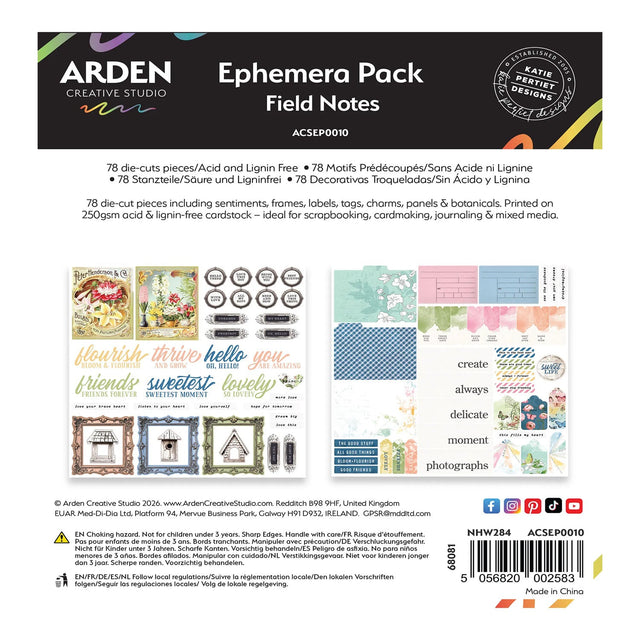 Arden Creative Studio Ephemera Pack Field Notes packaging with various cut-out pieces and text.
