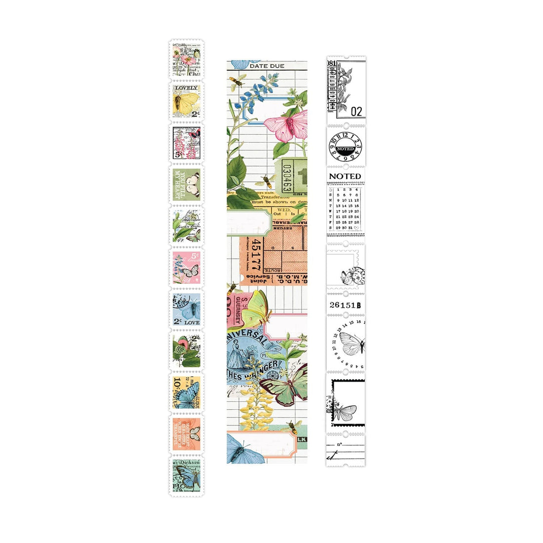 Decorative stamps with floral and nature-themed designs on a white background