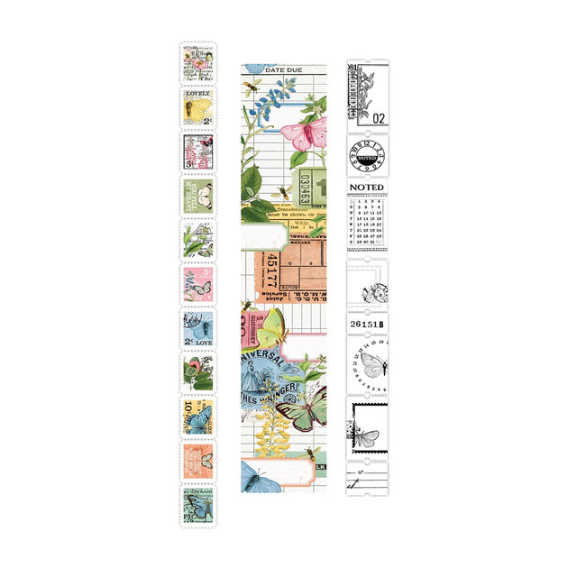 Decorative stamps with floral and nature-themed designs on a white background