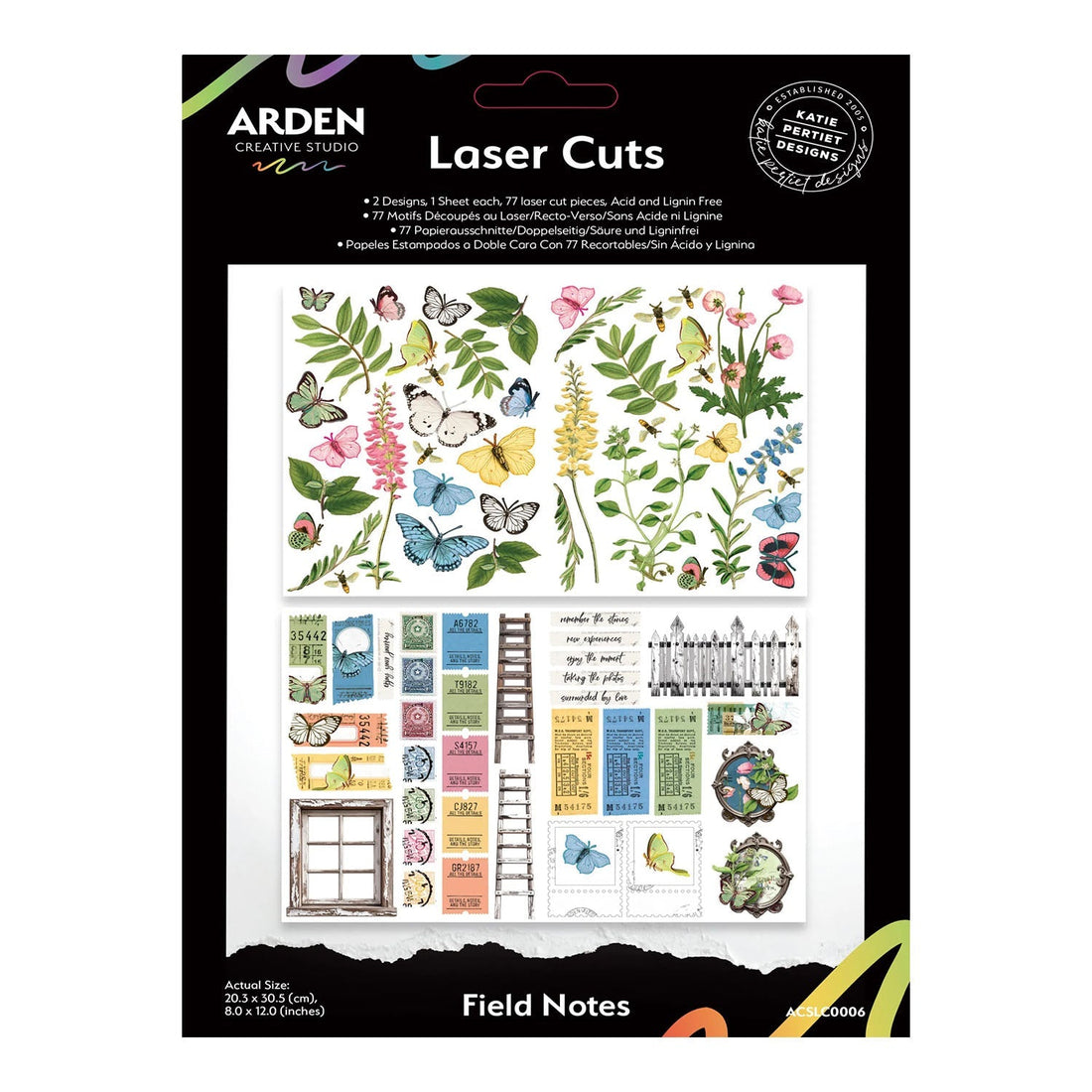Packaging of Arden Creative Studio laser cut stickers with nature-themed designs.